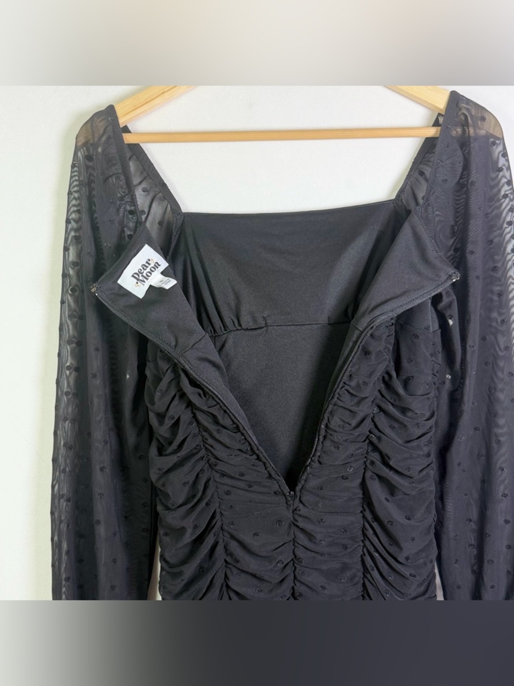Dear Moon Womens Black Ruched Mini Dress Sz 5 Swiss Dot Coquette Y2K Bodycon - Picture 10 of 11